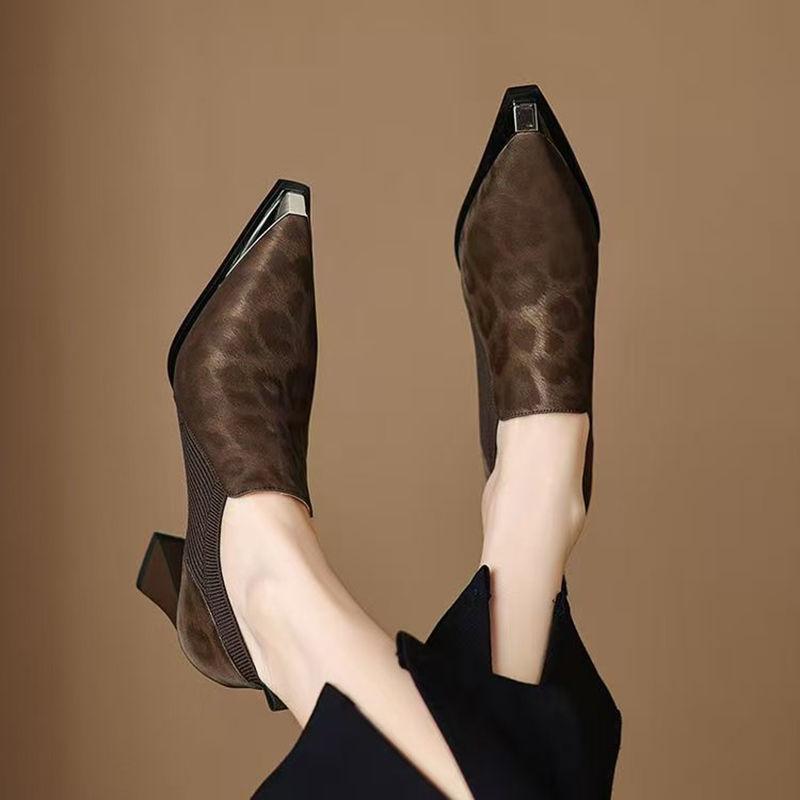 Great Wear French Light Luxury Leopard Print Thick Heel High Heels Women's 2025 Spring and Autumn New Pointed Deep Mouth Single Shoes Work Shoes