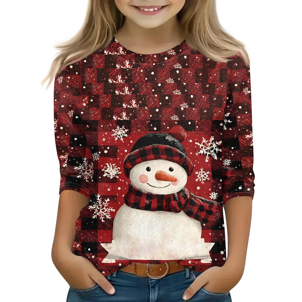 Christmas Day Print Tops For Youth Girls 4-11 Years Round Neck 3/4 Sleeves T-Shirts Trendy Tops Outfit Tees