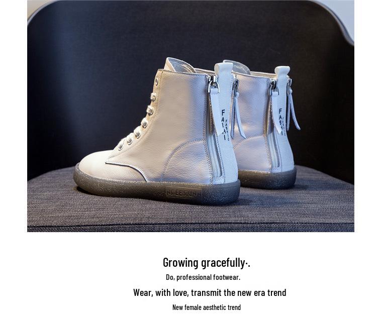 Women's Plus Size High-Top White Martin Boots - 2025 Versatile Autumn/Winter Flat-Bottom with Thickened Fleece and Double Zippers.