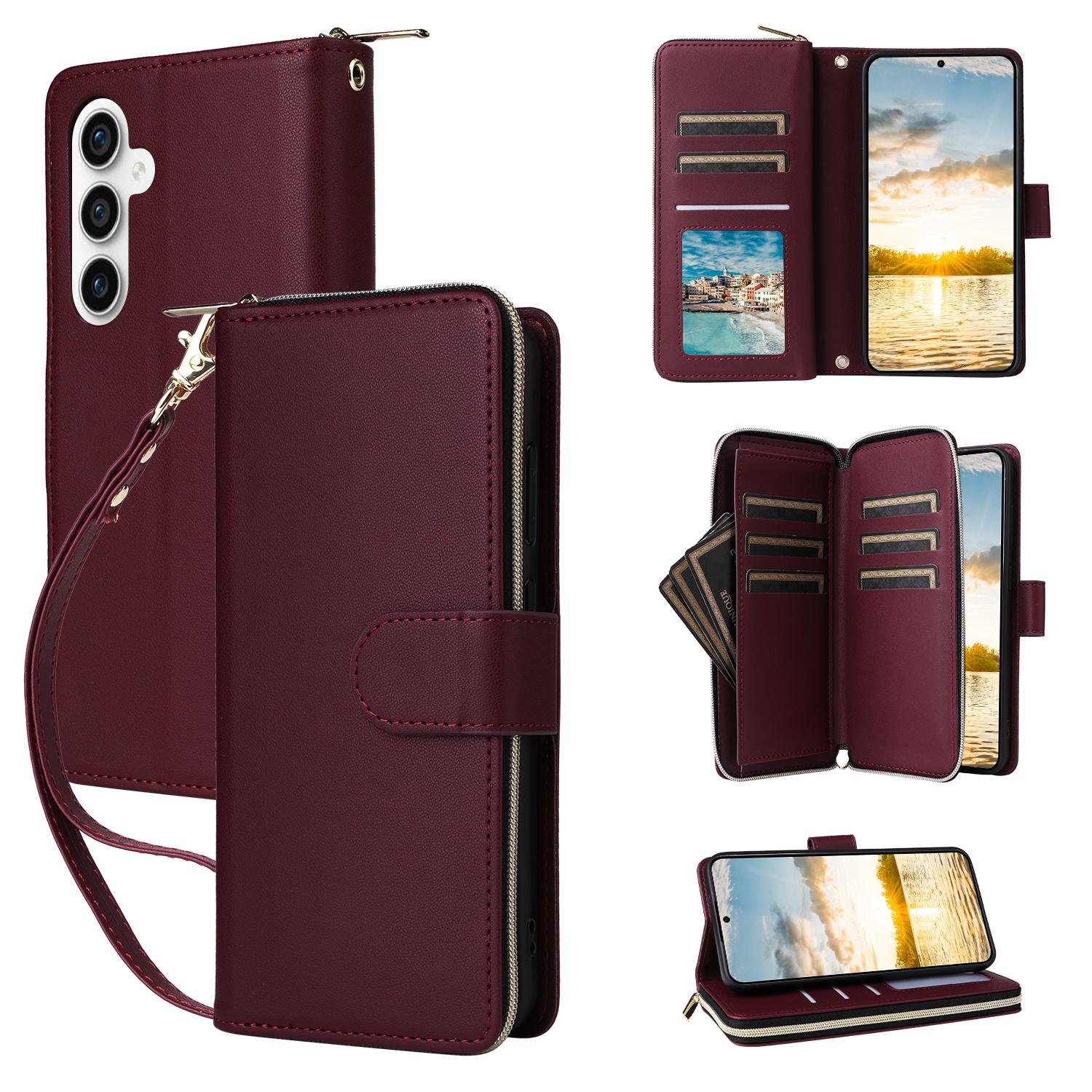 

R20 For Samsung Galaxy S23 FE Case Leather Zipper Phone Cover with 9 Card Slots Wine Red