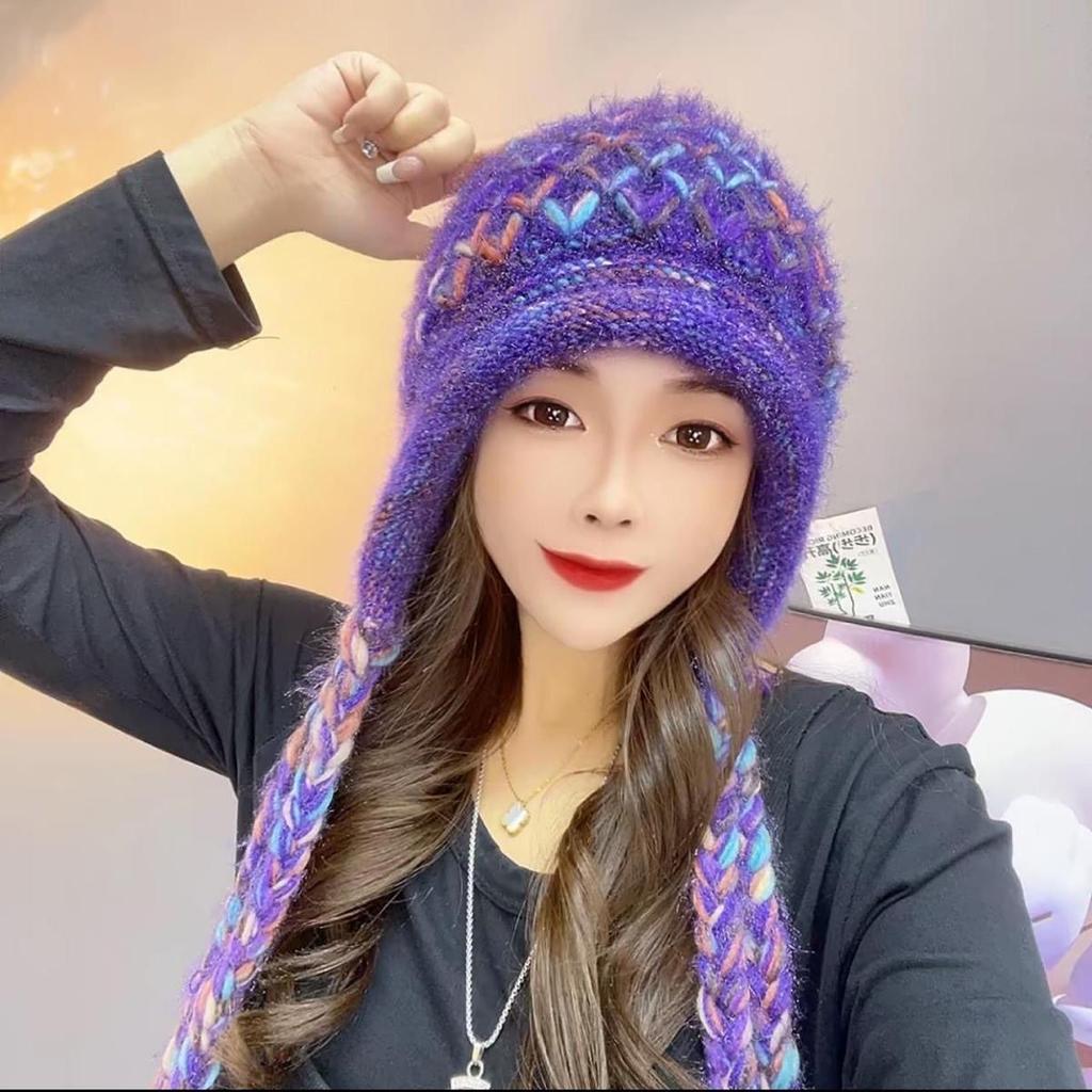 Women's Hat New Arrivalknitting Hat Plaidfall and Winterfashion Wheat Thickenedheattecheasiest for Match Ear Protection Tassel Hat