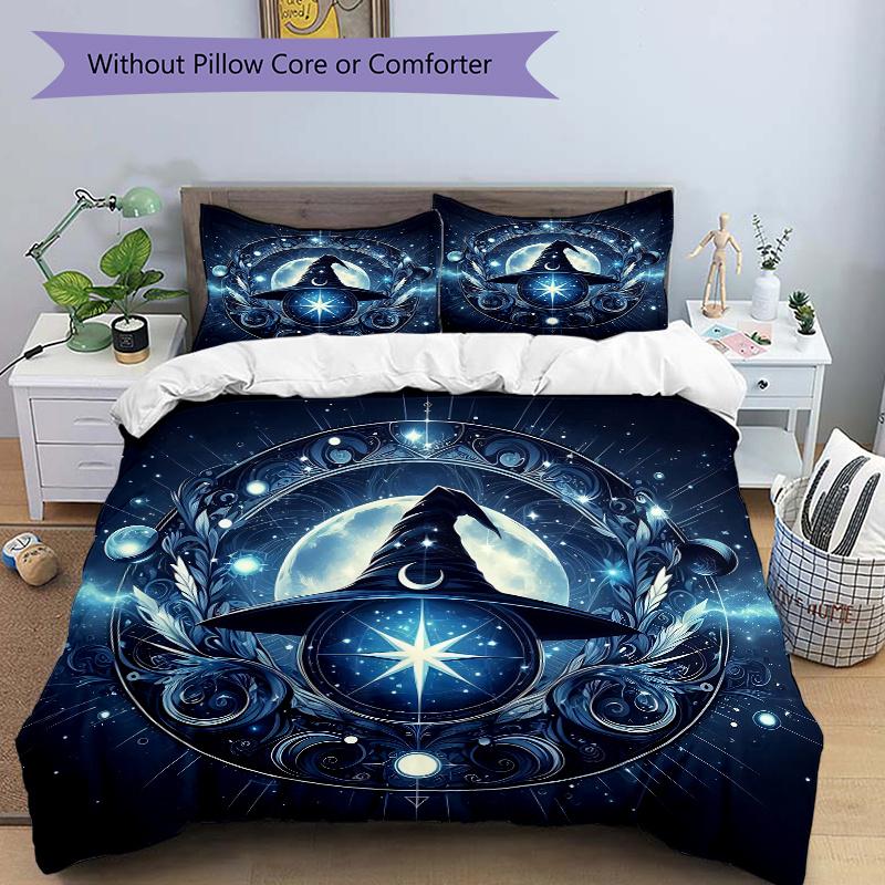 

3pcs Wizard s Hat A Mystical Celestial Emblem Printed Duvet Cover Set (1 * Cover+2 * Pillowcase, Without Core), Suitable for Home Bedroom, 135x200cm