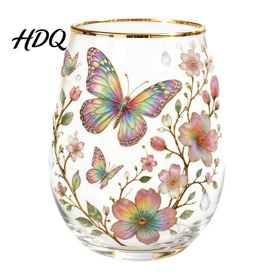 Hand-painted Glass Cup Hand Painted Tumbler Egg Shaped with Gold Rim Clear