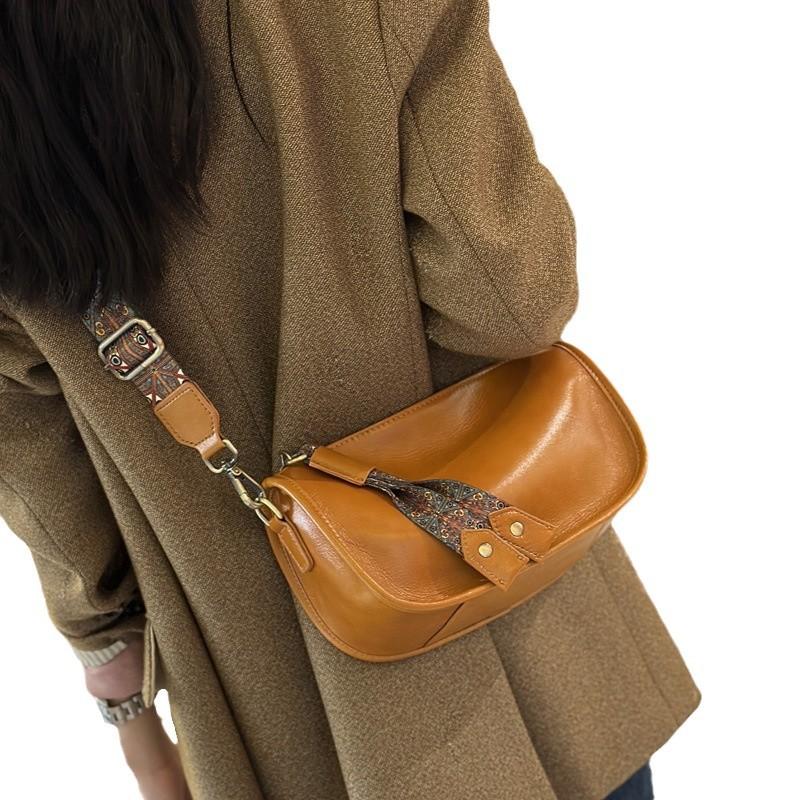 Retro Casual Leather Women'S Bag Simple Shoulder Messenger Bag Large Capacity First Layer Cowhide Wide Shoulder Strap Small Square Bag Women