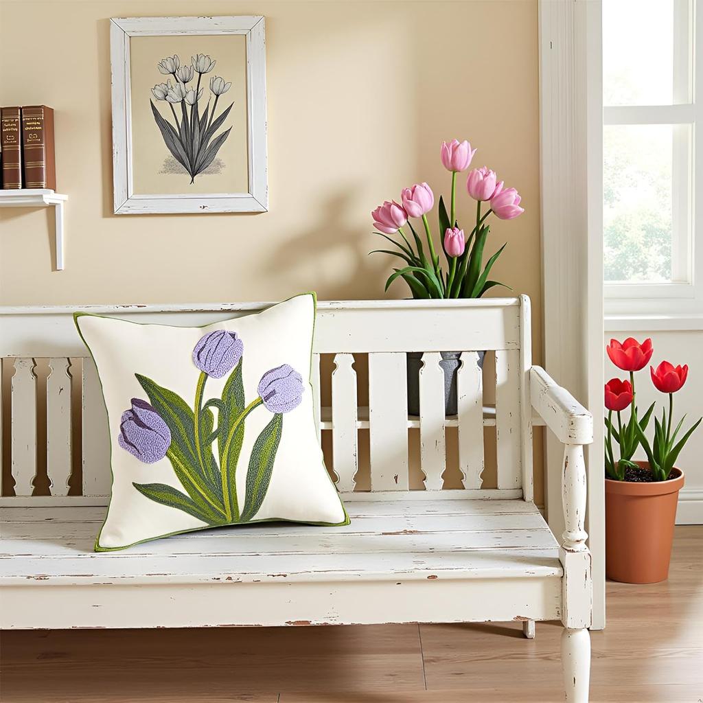 1/2pcs Valentines Day Lilac Pillow Covers Tulip Embroidery Throw Pillow Covers Flower Pillowcases Floral Farmhouse Pillow Cases