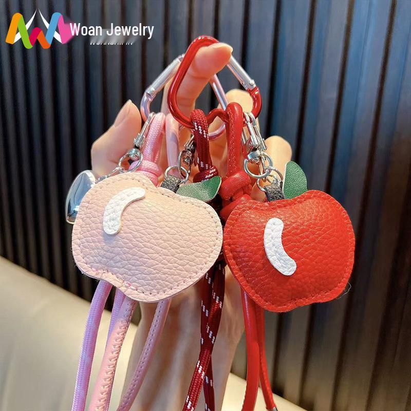 Leather Apple Pendant Keychain with Woven Rope Tassel – Perfect for Car Keys and Christmas Gifts