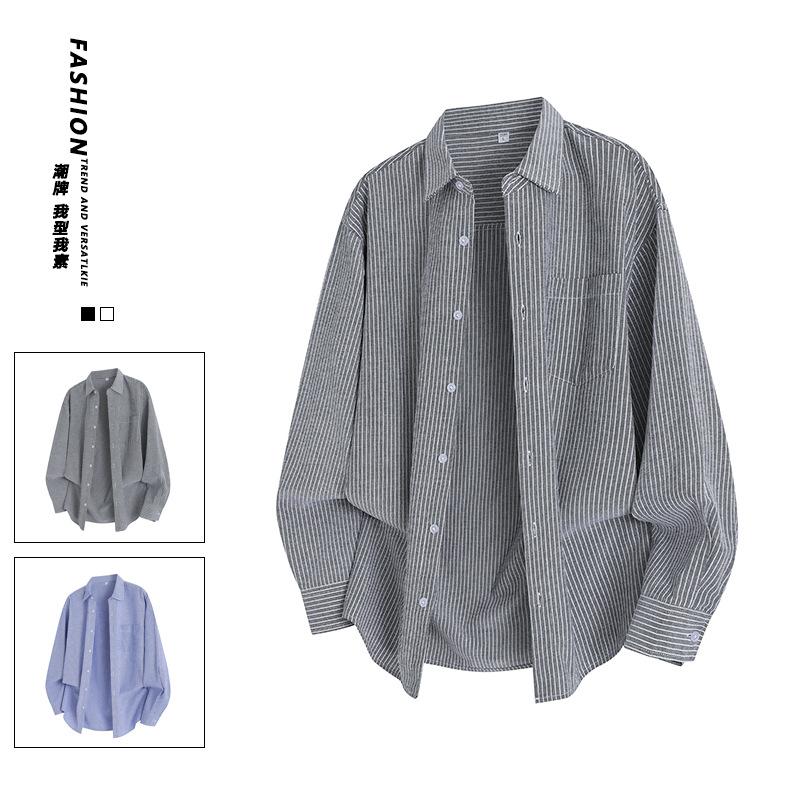 Spring And Autumn Men'S Striped Long Sleeve Shirt Men'S Casual Loose Lapel Shirt Jacket