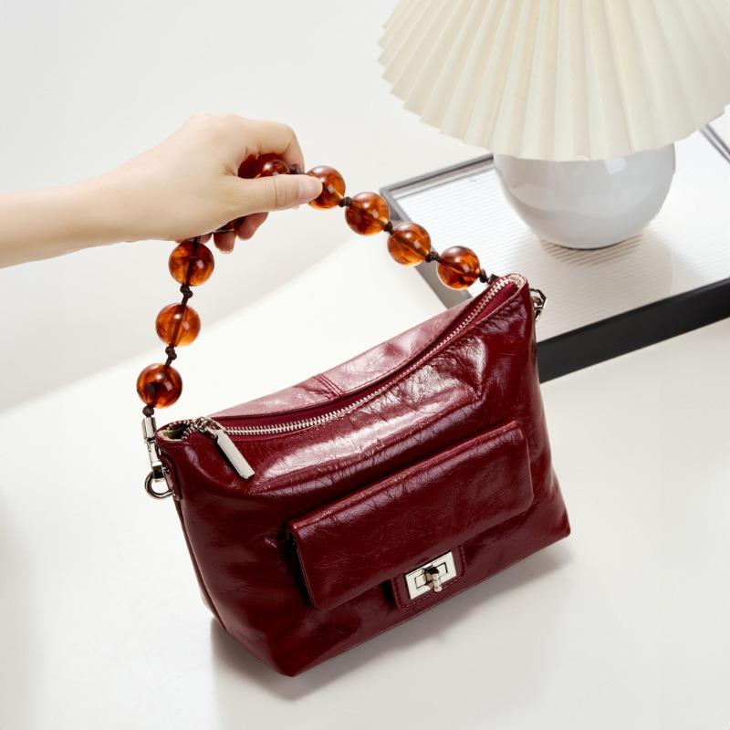 Bead Chain Crossbody Shoulder Bag Women's New Retro Oil Wax Leather Pleated Bag Hand Bag