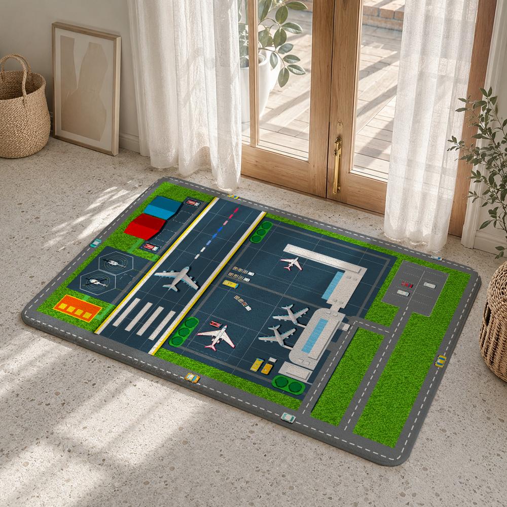 Airport Runway Plane Scenes Floor Mat Flannel Rug Soft Non Slip Washable Door Mat For Bathroom Bedroom Kitchen Home Decor