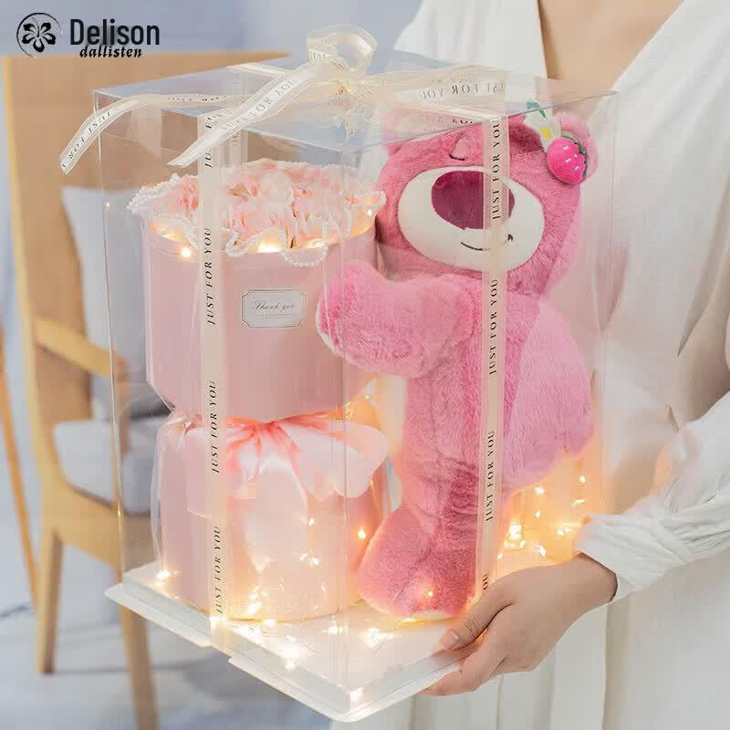 Strawberry Bear Everlasting Rose Soap Flower Bouquet Gift