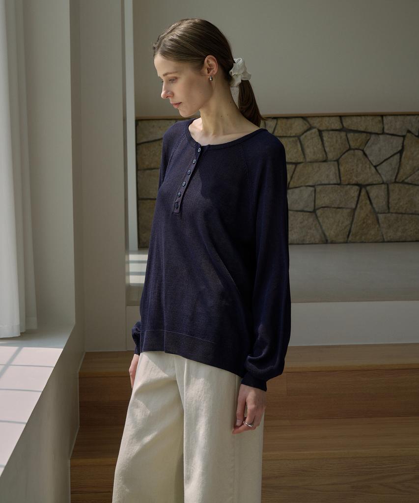 VLETI Linen Blend Raglan Half Button Knit (Navy)