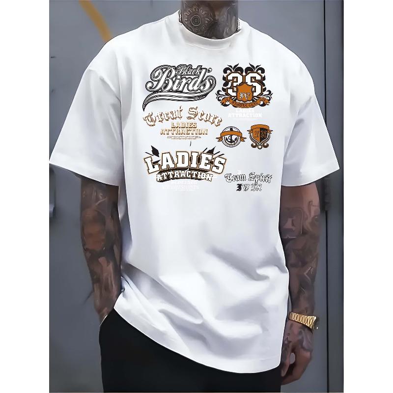 

European Size Men s Pure - Polyester White T - shirt: Black Birds Crew Neck Tee - Classic Charm Edition 4XL