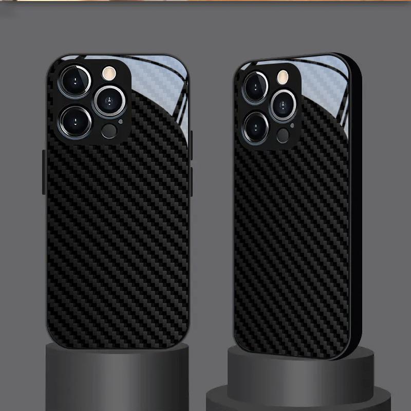Schwarze Karbonfaser-Textur Gehärtetes Glas Schwarze Handyhülle Für iPhone 17 16 15 14 13 12 11 Pro Max 17 Air 7 8 Plus XR XS X Abdeckung