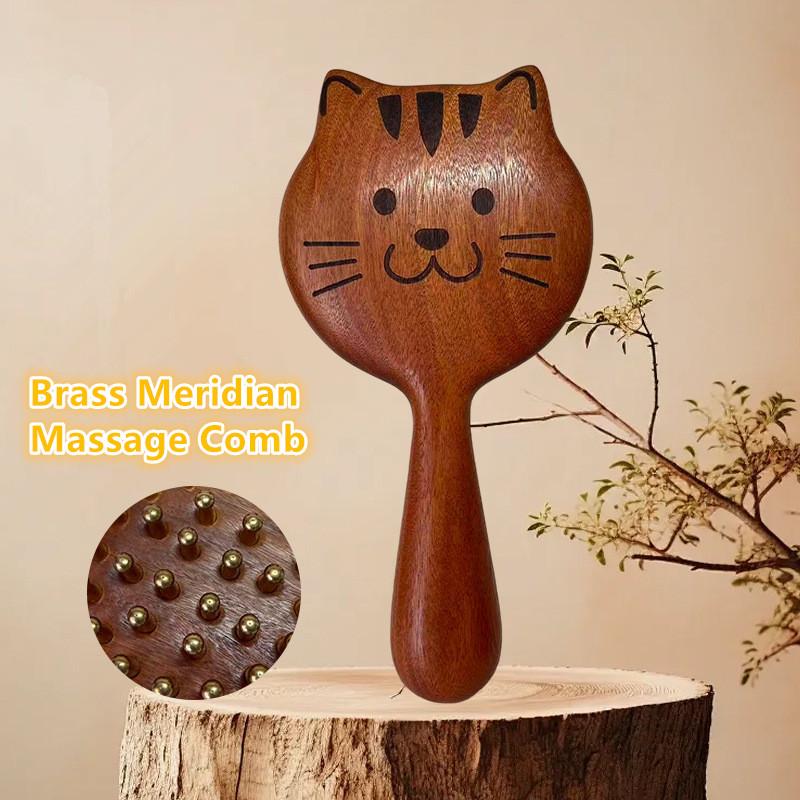 Sandalwood Massage Comb & Kitten Shape Gua Sha Tool Brass Head Long Handle Sturdy Meridian Massager Brush for SPA