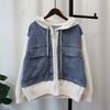 Hooded zipper splicing denim knitted double-sided cardigan autumn and winter new loose casual sweater jacket women