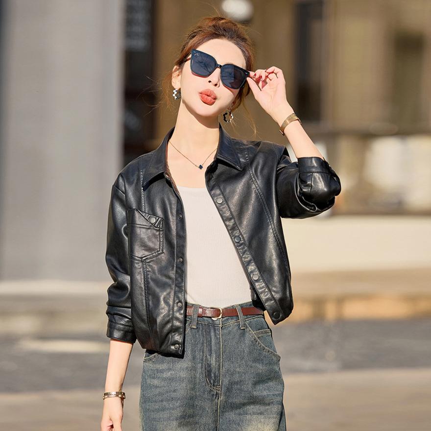 Black short leather jacket women's new spring and autumn retro popular motorcycle leather jacket