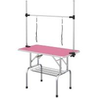 PawHut Folding Dog Grooming Table with Wire Basket Adjustable Stainless Steel Bar 107x60x164 cm Pink