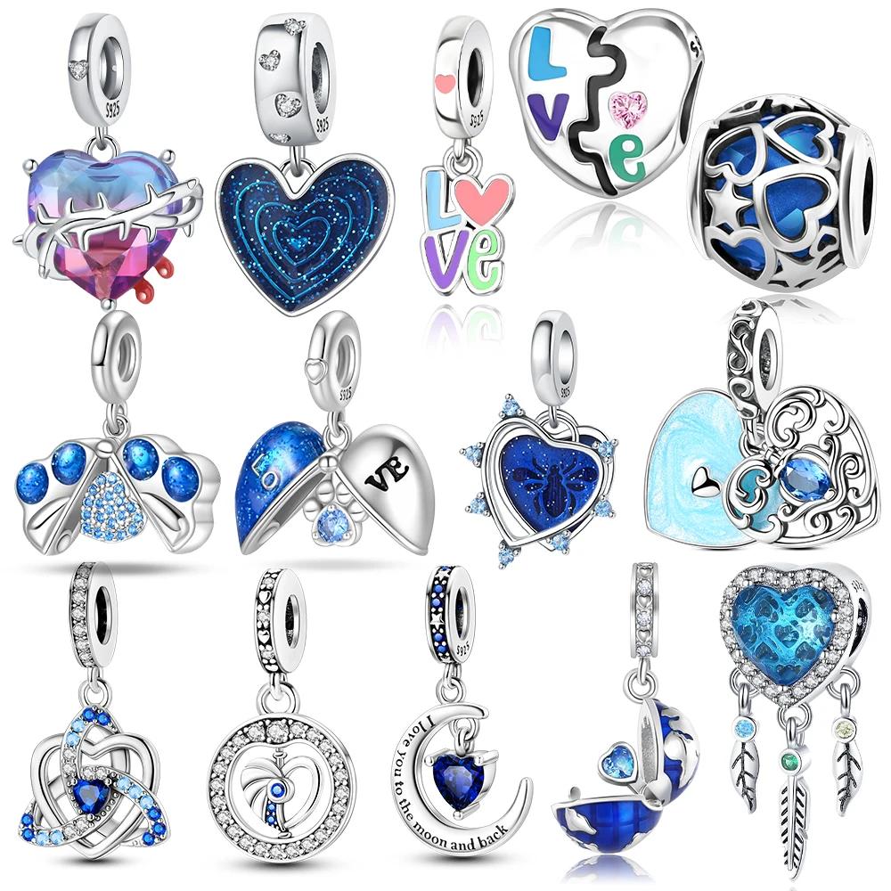 Copper Original Blue Feather Zircon Open Heart Pendant Charms Beads Fit Bracelet Women Jewelry Diy Anniversary Fine Gift