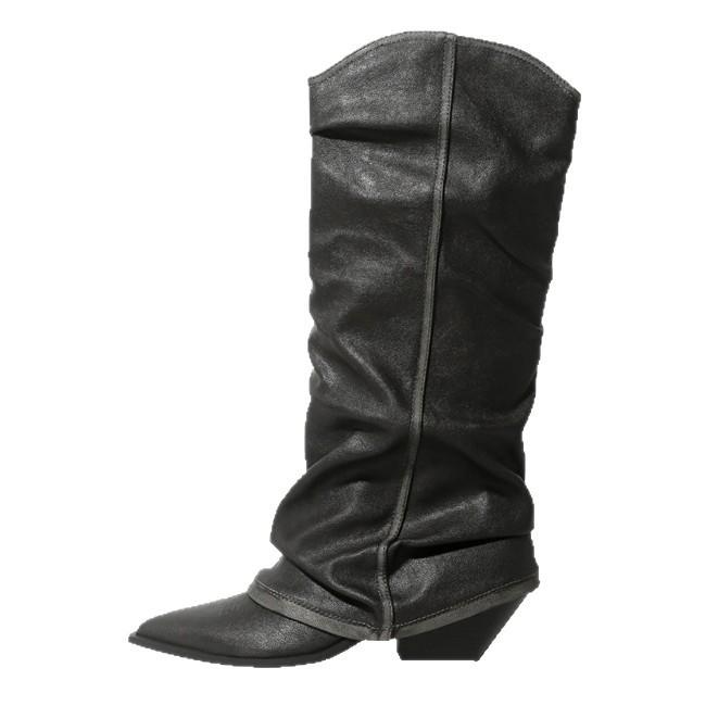 Nischen-Designgefühl schwarz aber kniehohe Stiefel 2025 Herbst neu vielseitig dicksohlig spitz zulaufend schmal Westernstiefel