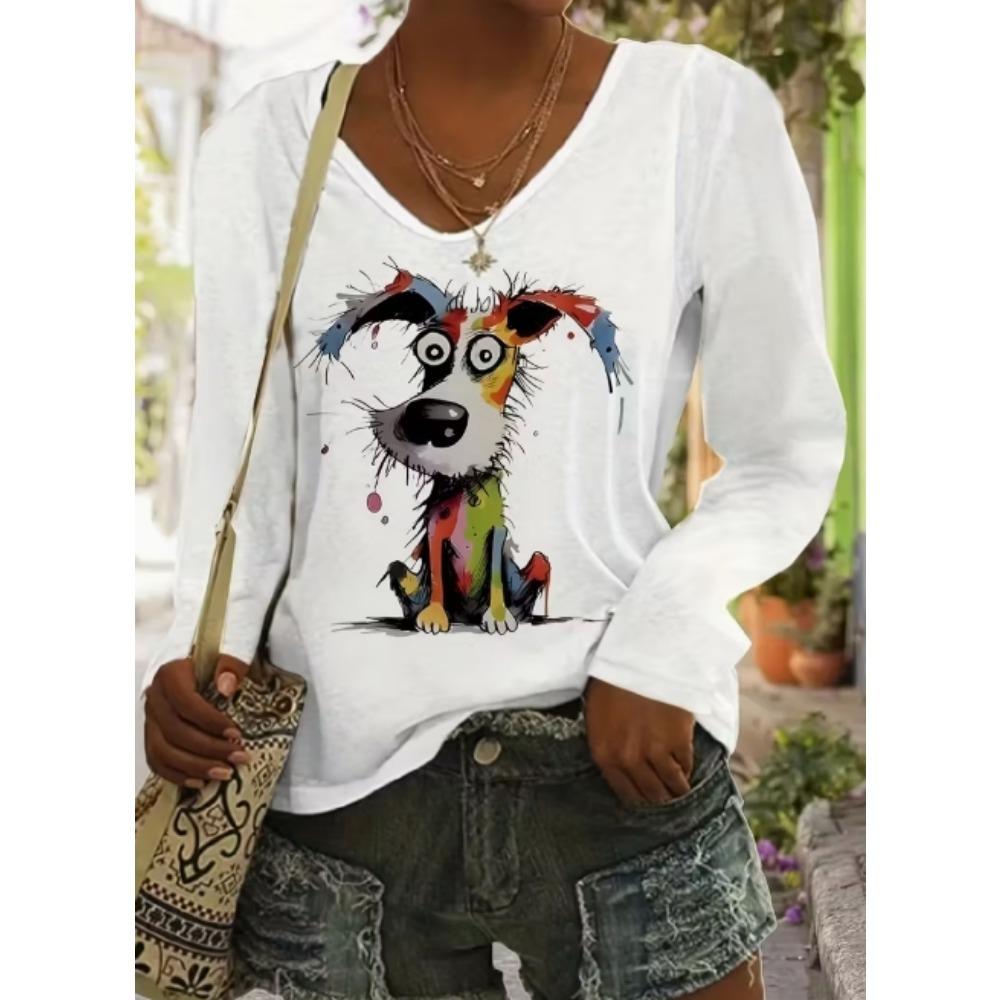 Cat Print Colorblock T-Shirt, Casual V-Neck Long Sleeve T-Shirt