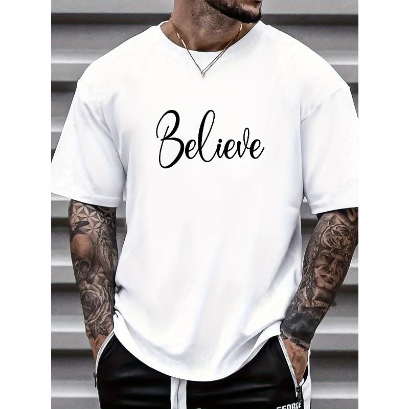 European sizes Letters Print Tops Men's T-shirt, Summer Trendy Casual Short Sleeve Tees, Outdoor Sports Clothing, Big & Tall Guys, Leisurewear