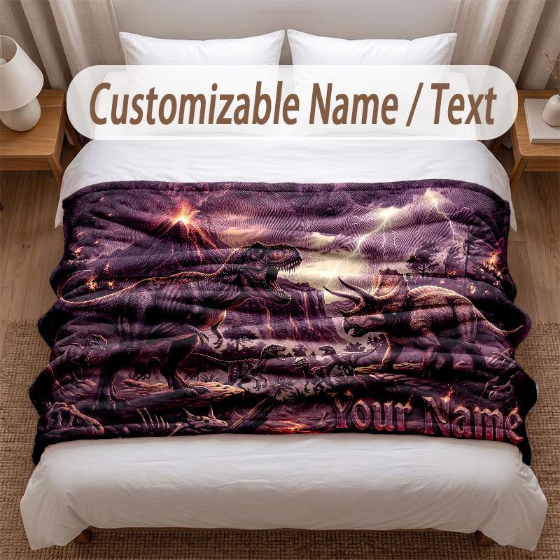 Dinosaur Theme Soft Blanket Personalized Custom Name Text Print Warm Blanket Home Sofa Bedroom Decor