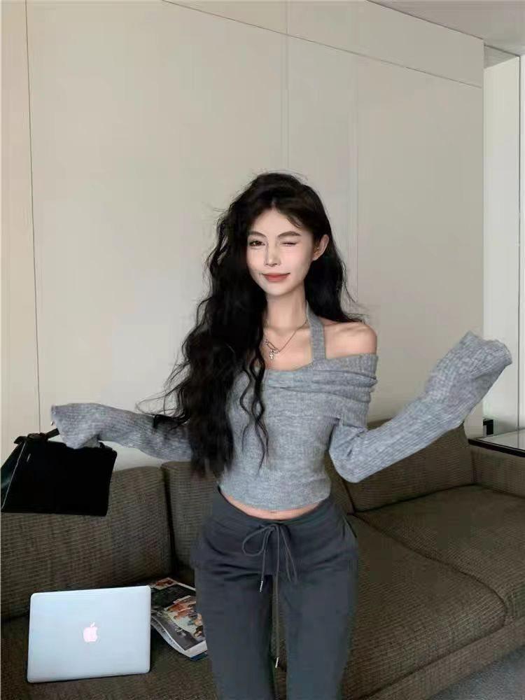 Autumn Winter Off-Shoulder Halter Knit Top for Women