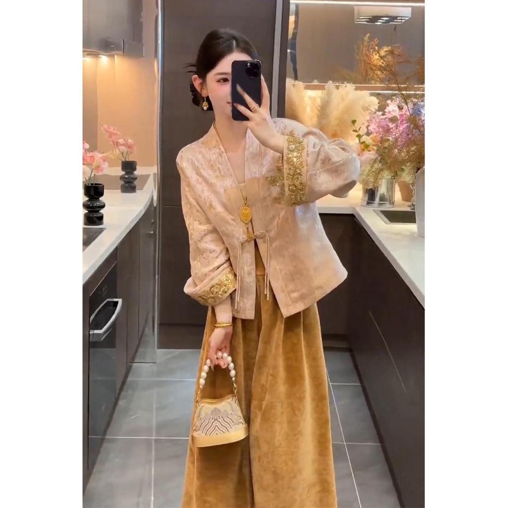 Autumn 2025 Modern Chinese Embroidered Frog Button Jacket & Wide-Leg Pants Two-Piece Set