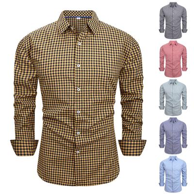 Men's Casual Four-sided Stretch Long-sleeved Shirt, Men's Checked Printed Lapel Button Shirt