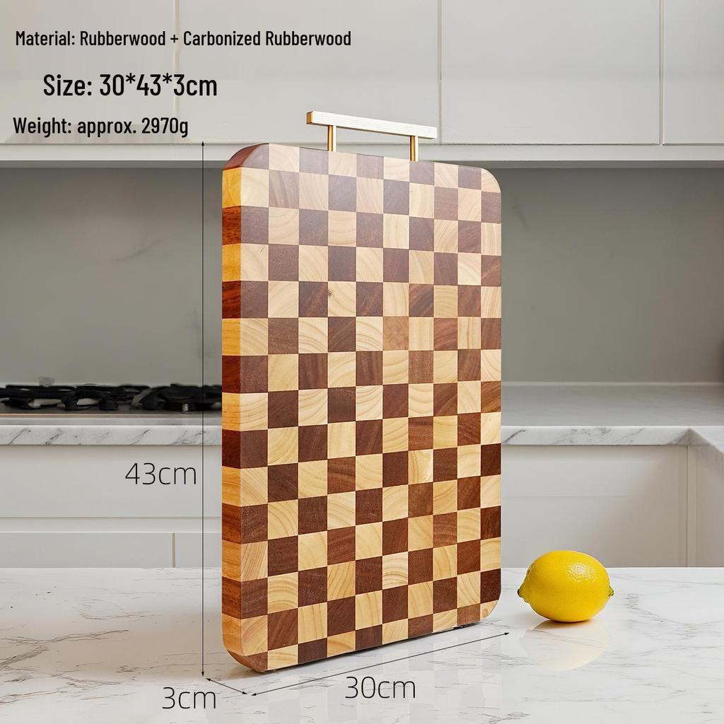 Thickened Rubber Wood Checkerboard Cutting Board with Stainless Steel Handle