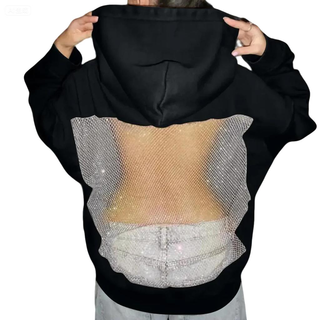 Damen Einfarbiges Modisches Rückenfreies Hollow Mesh Langarm Kapuzensweatshirt
