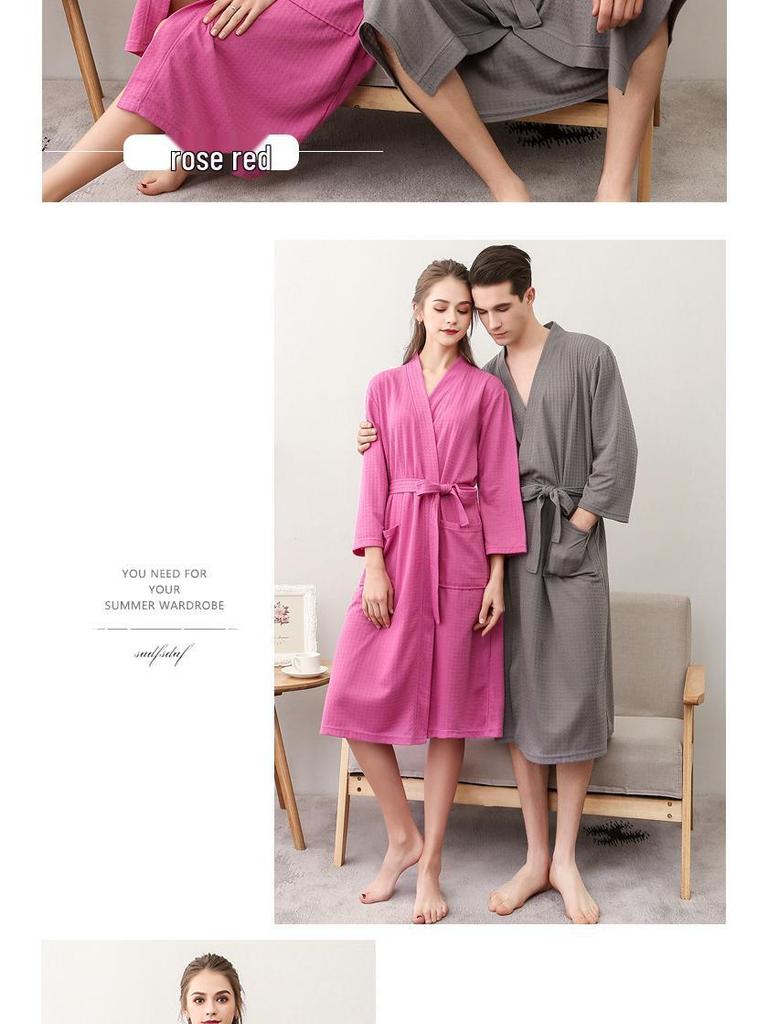 Waffle Pattern Bathrobe Couple Pajamas, Unisex Summer Three-Quarter Sleeve, Korean Style, Polyester & Absorbent.
