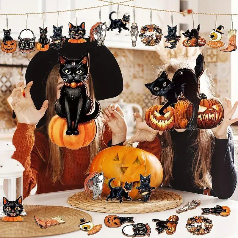 36Pcs Retro Halloween Wooden Ornaments, Halloween Tree Decorations, Party Props, Household Decorations