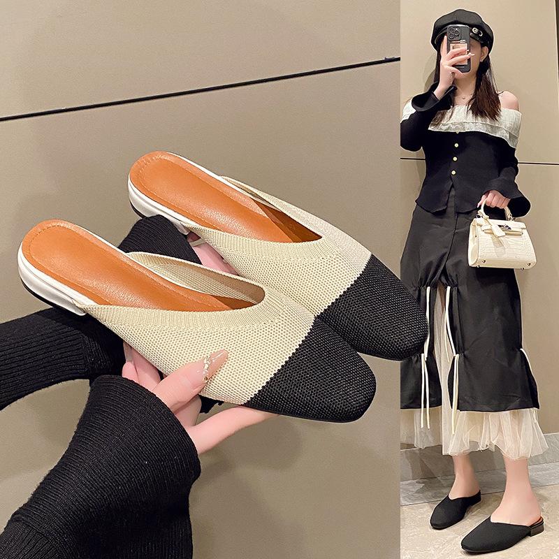 Baotou Half Slippers Women's Spring and Summer 2025 New Fashion Outer Wear Thick Heels Cool Slippers Pointed Lazy Low Heel Sandals Women