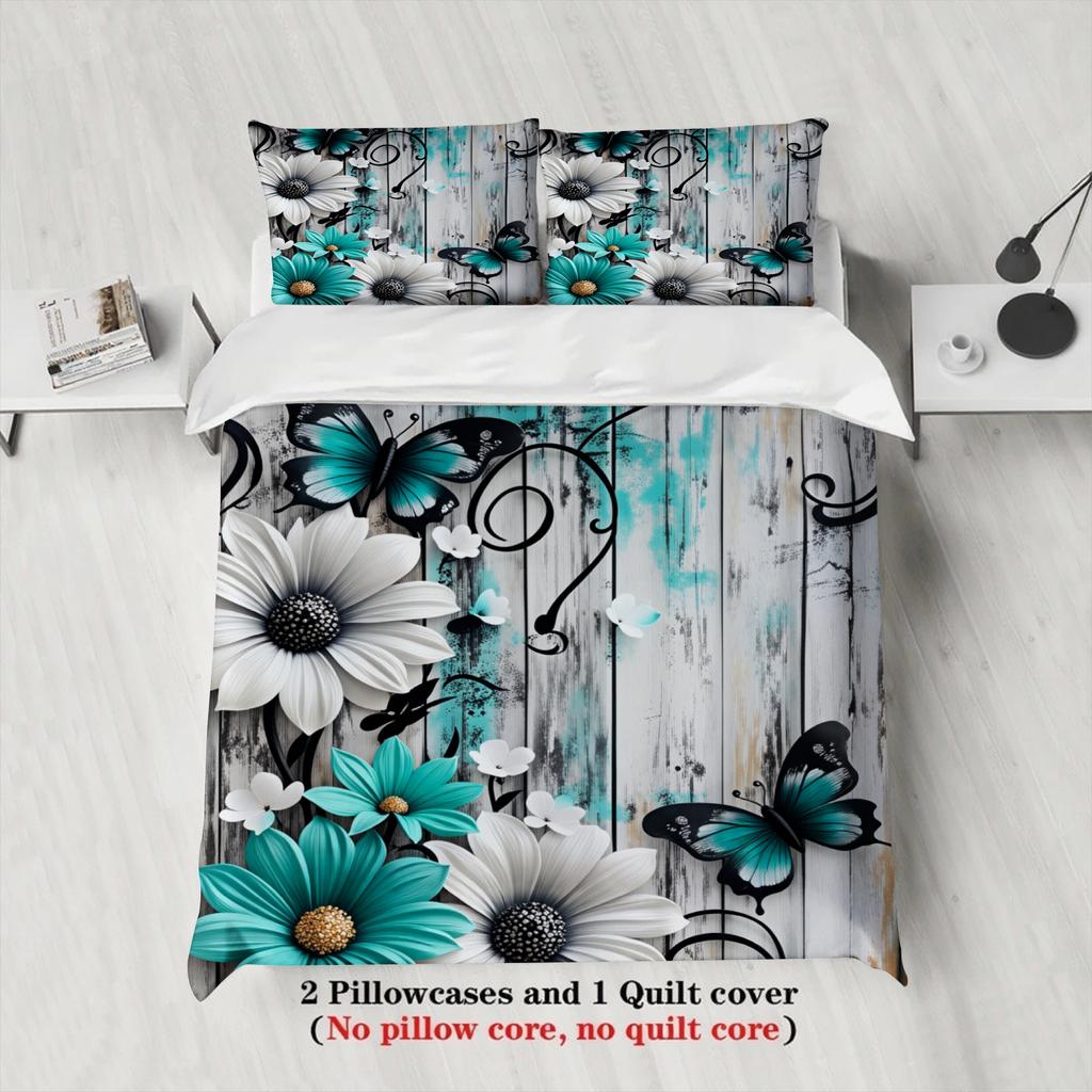 Full Size simple Teal Bedding Sets 3D Printed Floral Minimalist Style 3pcs Duvet Cover Comforter Not Included Room Decoration