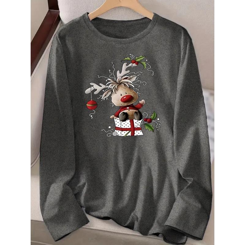 European and American women’s cute Christmas reindeer printed long-sleeved T-shirt – sports and casual style, printed design