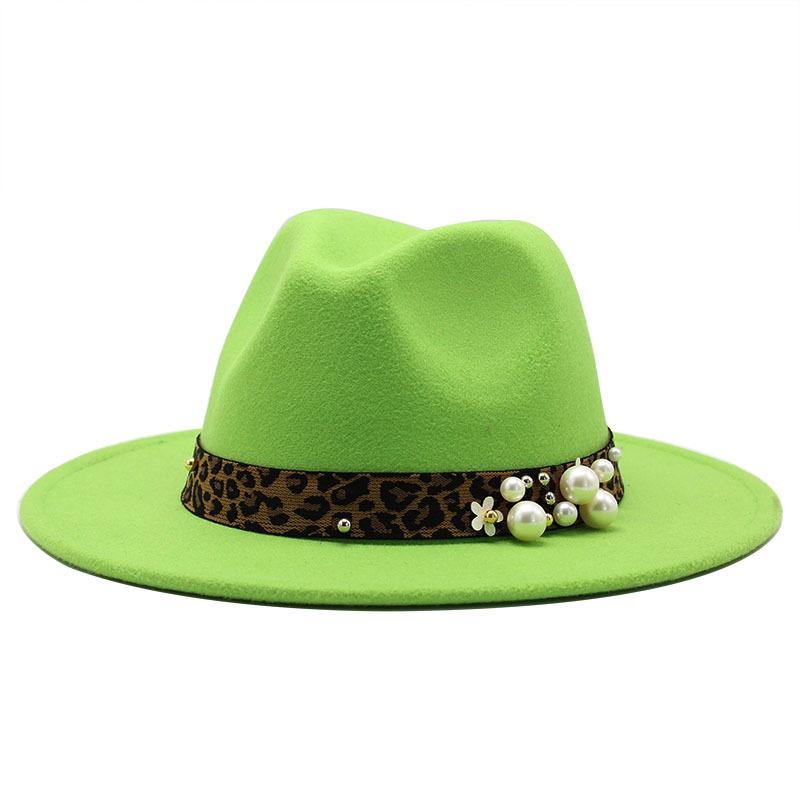

Leopard Print Pearl Woolen Top Hat Men S And Women S Jazz Hat Versatile Felt Hat Flat Edge Top Hat L（59-61cm） зелений