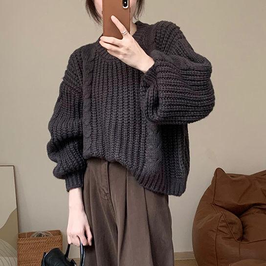 Women's Slimming Lady Niche Twist Sweater Autumn Winter Loose Chunky Yarn Korean Style Long Sleeve Knit Top