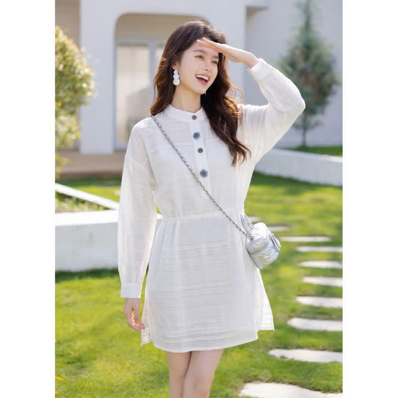 Floral Jacquard Stand Collar Blouse M