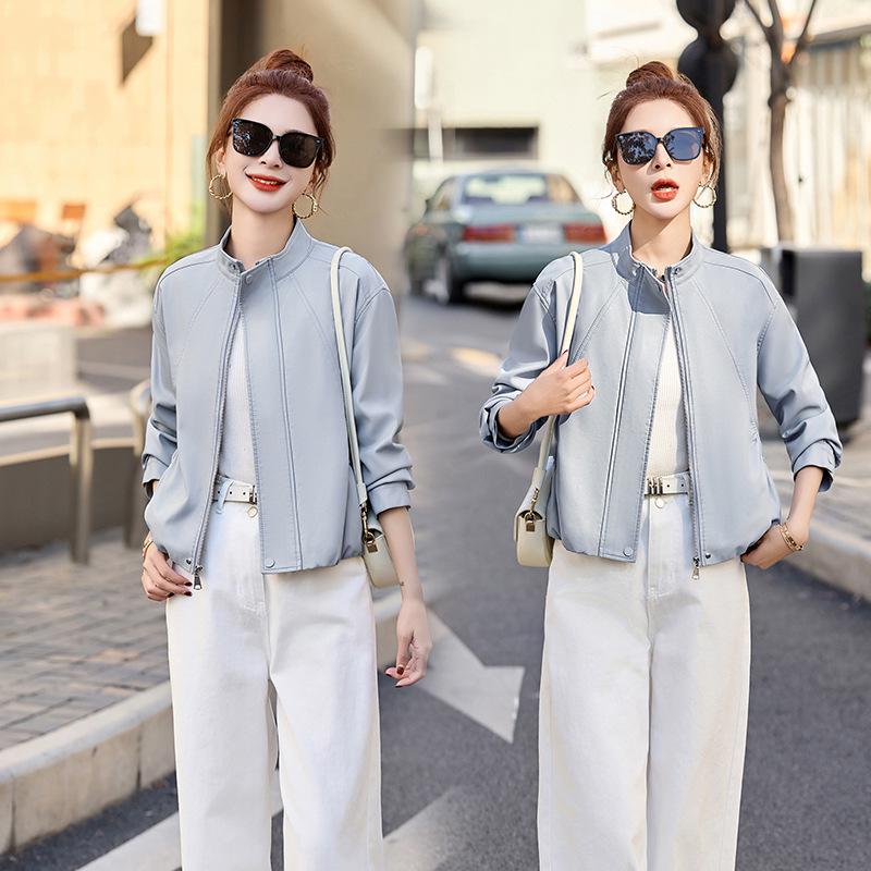 2025 Spring Women's Solid Color Loose PU Leather Stand Collar Jacket Coat Z8805