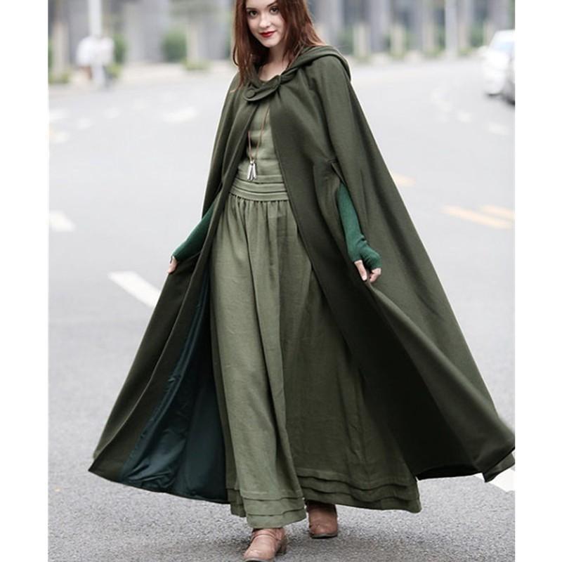 Cappotto Mantella Lungo da Donna in Misto Lana con Cappuccio Silhouette a Pipistrello Costume da Esterno per Cosplay di Halloween