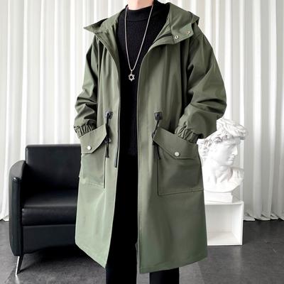 Długi trencz kurtka mężczyźni bawełna jesień wiosna czarny Hip Hop japońskie płaszcze Streetwear męska bluza z kapturem zieleń wojskowa kurtki okazjonalne