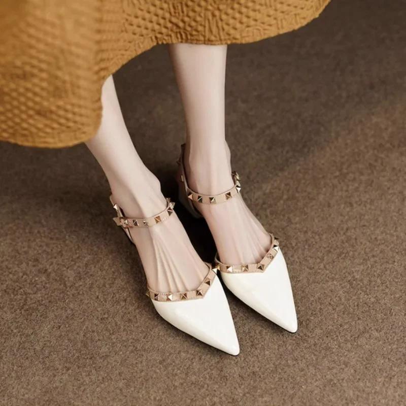 High Quality Womens Sandals Fashion Pointed Tip Thick Heel Women Shoe PU Leather Designer Casual Shoes for Women Sandalias Mujer