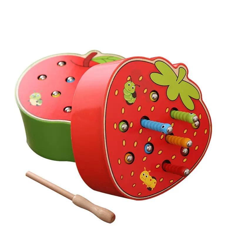 Magnetic Toy Funny Strawberry Shaped And 1 Wand And 10 Worm Game Toy Wooden Educational Toys For Preschool Kids Toddlers