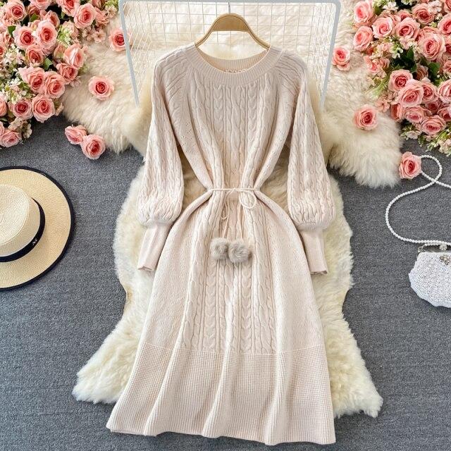 Fall Winter New Retro Knee-length Loose Sweater Dress for Women Twist O-neck Raglan Long Sleeve Hairball Lace-Up Solid Knit Dress