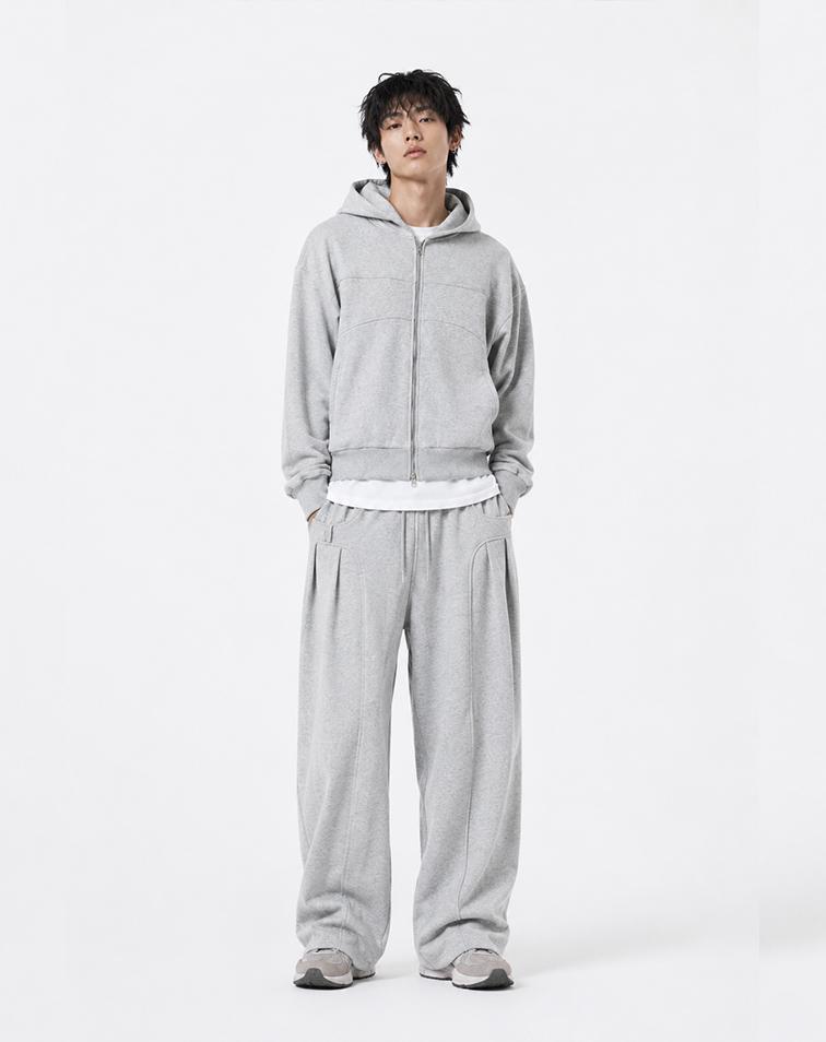Mugon Curved Line Hooded Sweat Zip-Up _ Gray