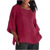 Seven Quarter Sleeve Pleated Round Neck Top Cotton and Linen Women’s Blouses & Shirts