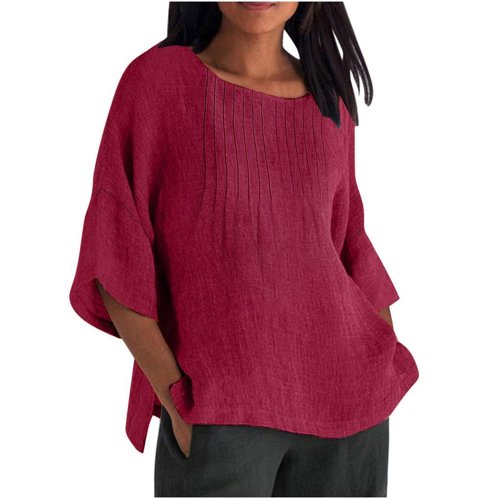 Seven Quarter Sleeve Pleated Round Neck Top Cotton and Linen Women’s Blouses & Shirts