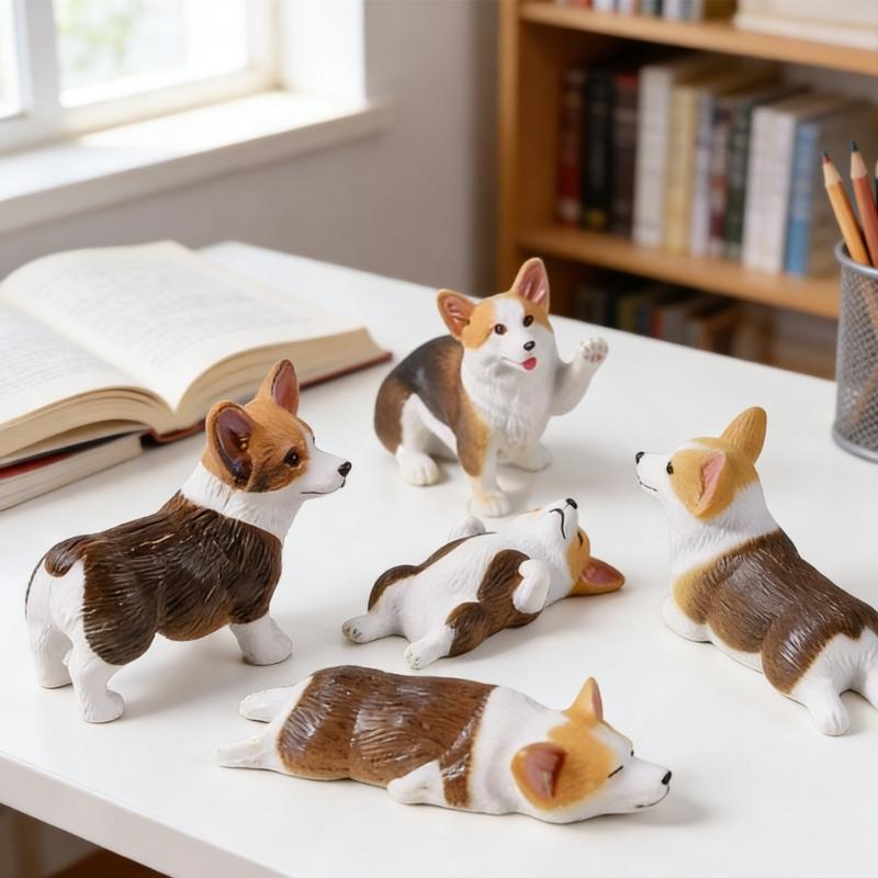 5Pcs Mini Dog Figurines with Assorted Poses Strong Small Dog Statues Easy Adhesive Installation for Car Dashboard Decors