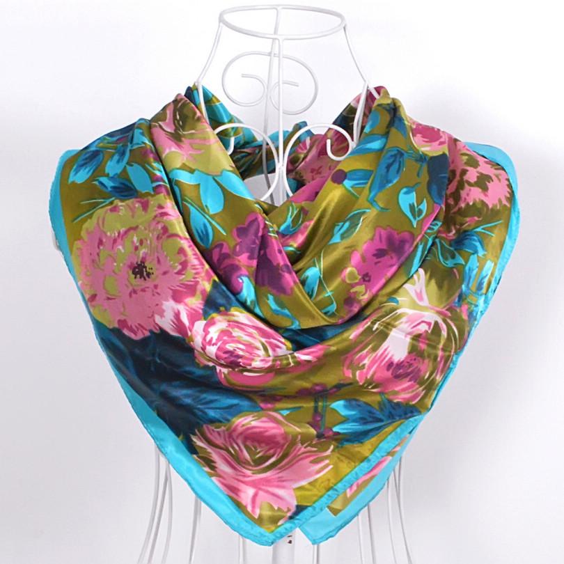 [BYSIFA] Winter  Silk Scarves New Accessories Ladies Green Cheap Head Scarves China 90*90cm Floral Hijab Scarves Wraps